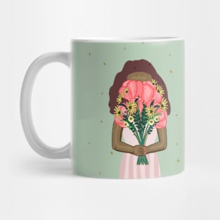 Cute girl holding a floral bouquet in a pink dress | pink and green Mug